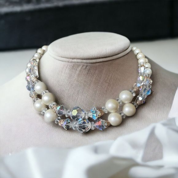 Vintage Double 2 Strand AB Bead & Faux Pearl Choker Necklace Rhinestone Accent - Picture 1 of 5